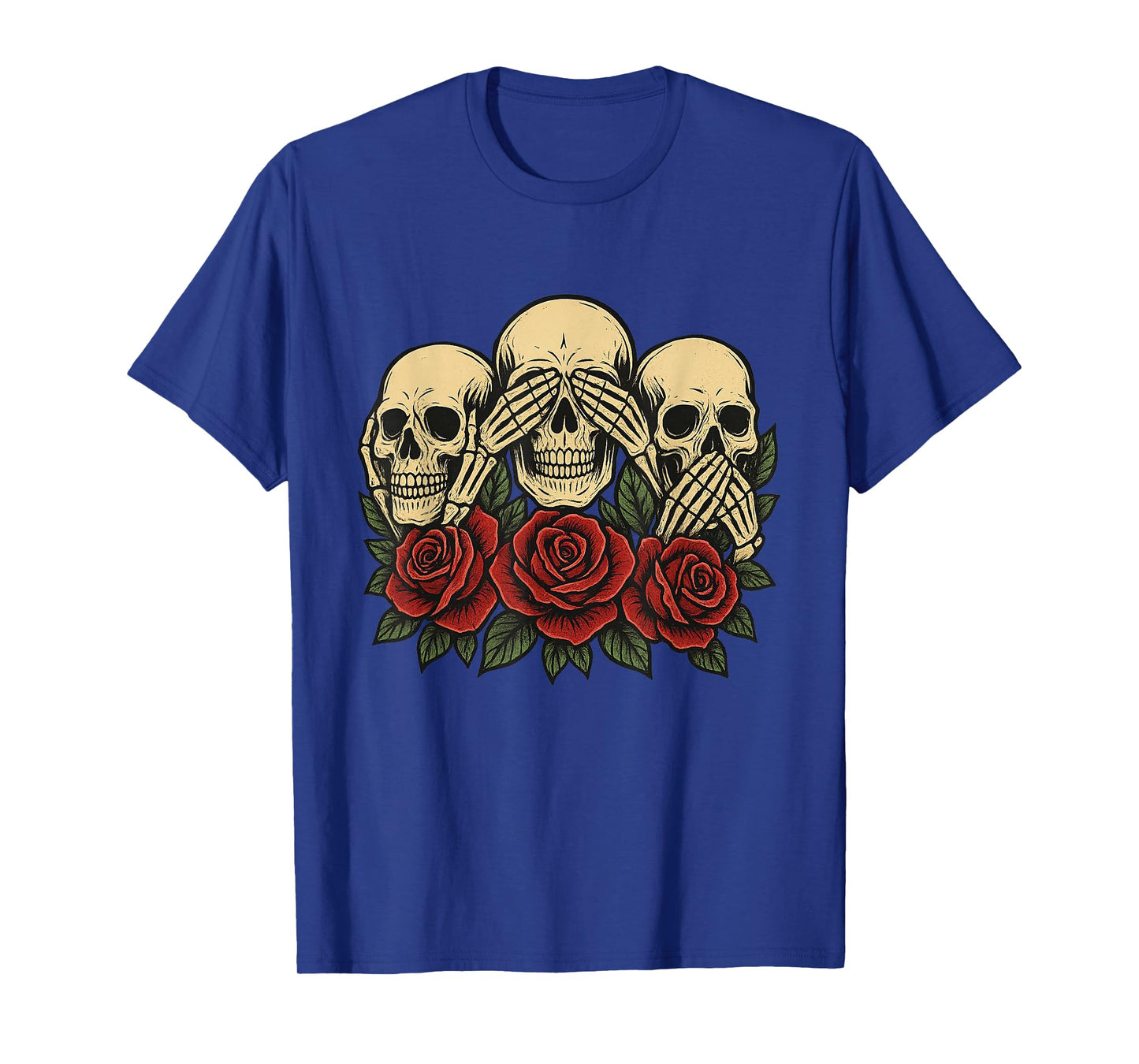 See No Evil Hear No Evil Speak No Evil Skeleton Skull Roses T-Shirt