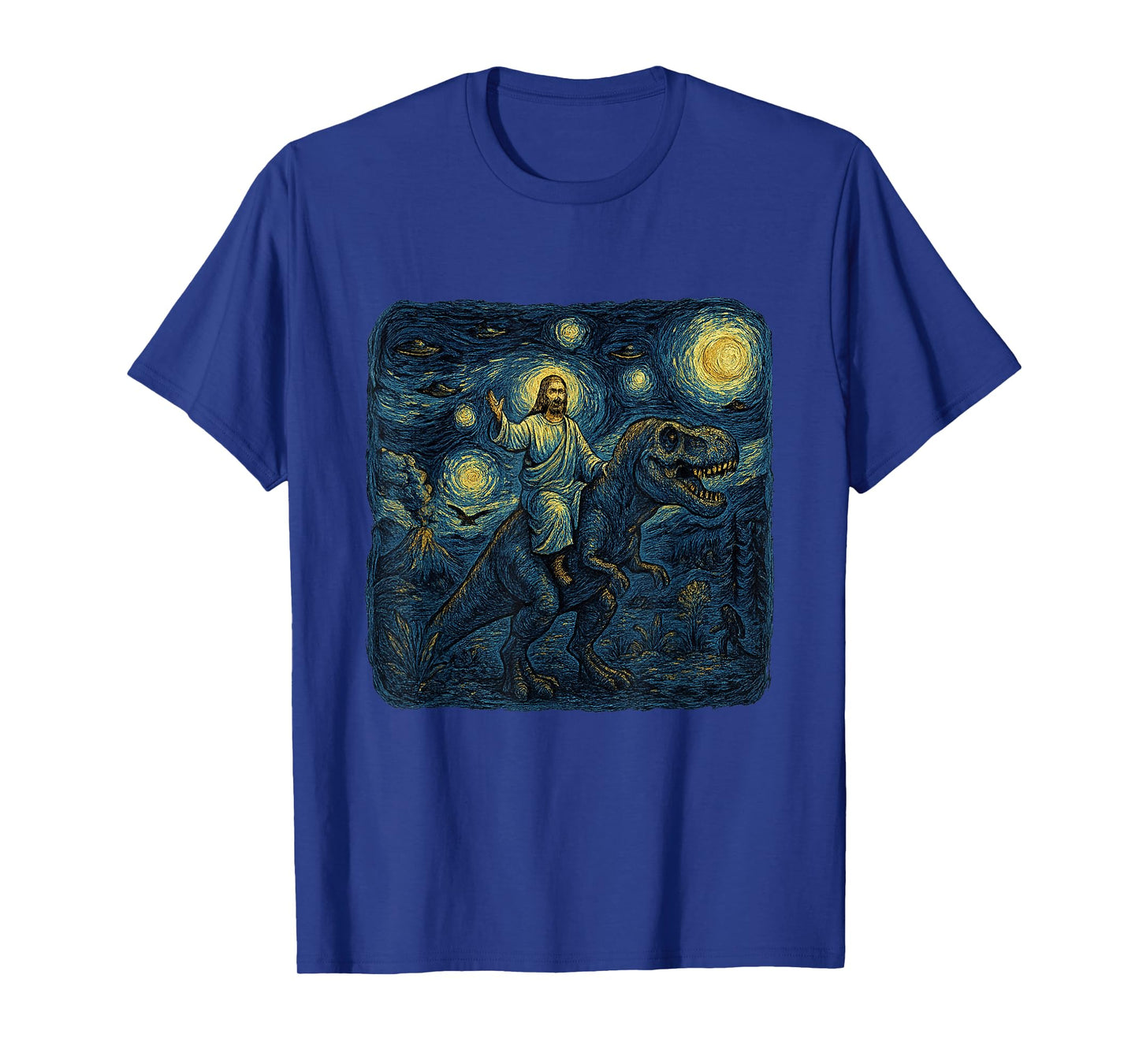Jesus Riding Dinosaur Starry Night Funny Men Women UFOs T-Shirt