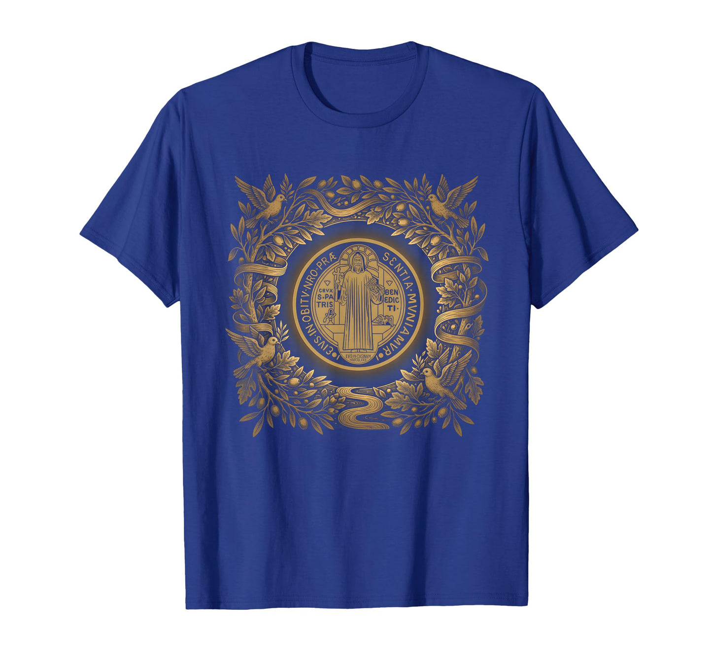 Sacred Saint Benedict Medal Dove Olive Wreath Design T-Shirt