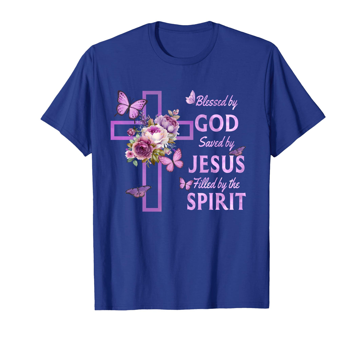 Blessed by God Saved by Jesus Purple Floral Cross Christian Long Sleeve T-Shirt