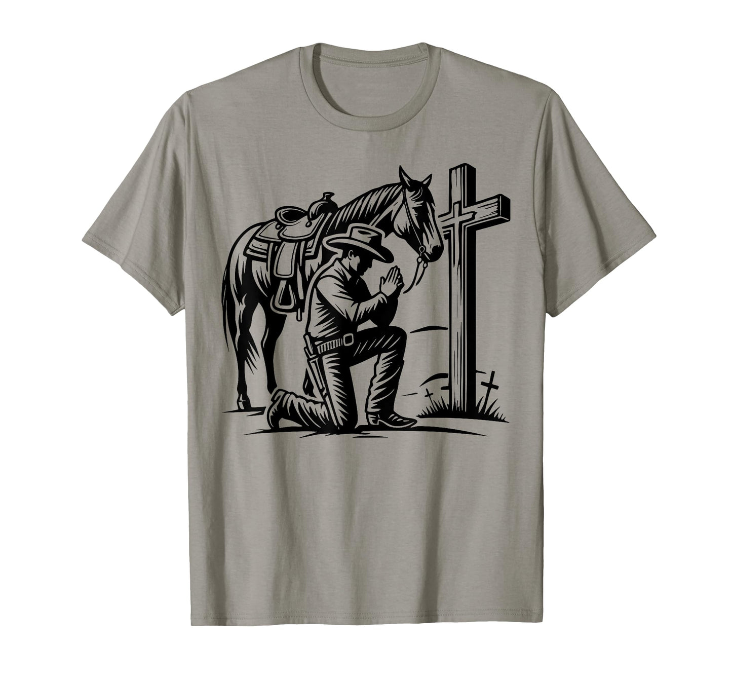 Cowboy Praying, Western Theme, Horse and Cross, Faith T-Shirt
