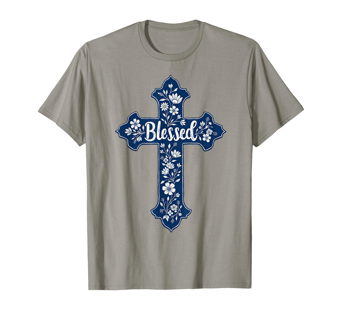 Christian Faith Cross Blue Toile Chinoiserie Floral T-Shirt