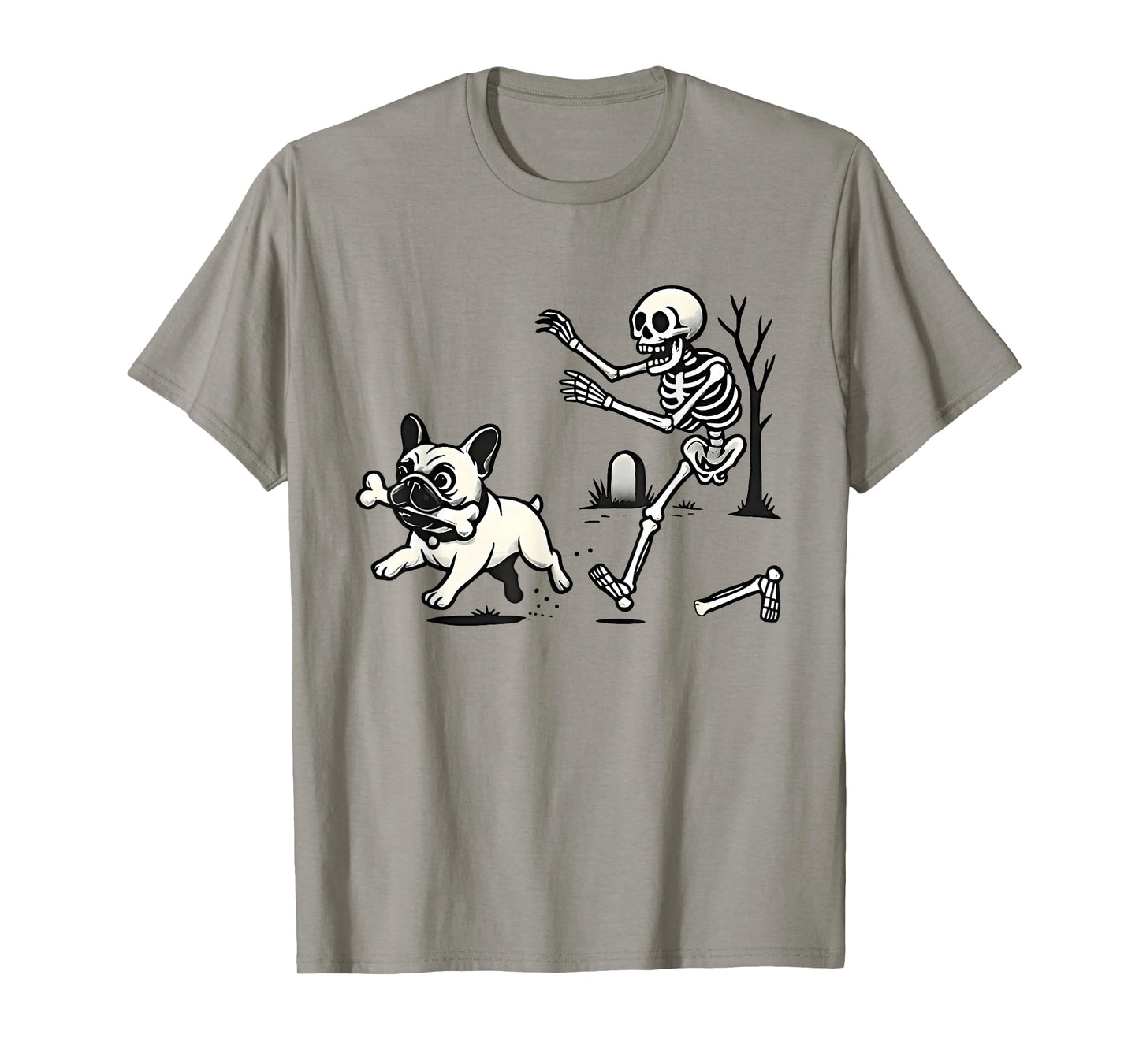 Skeleton Chasing French Bulldog Biting Leg Bone Halloween T-Shirt