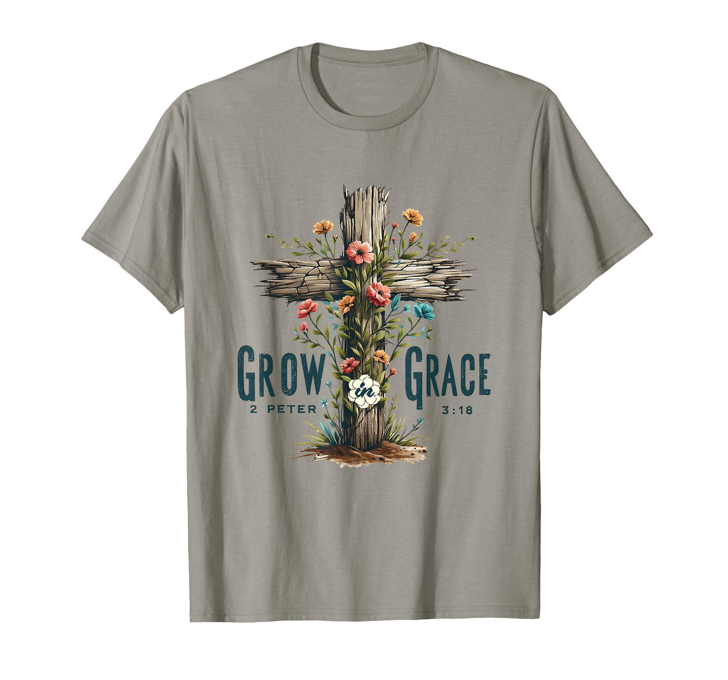 Christian Grow in Grace Bible Floral Cross T-Shirt