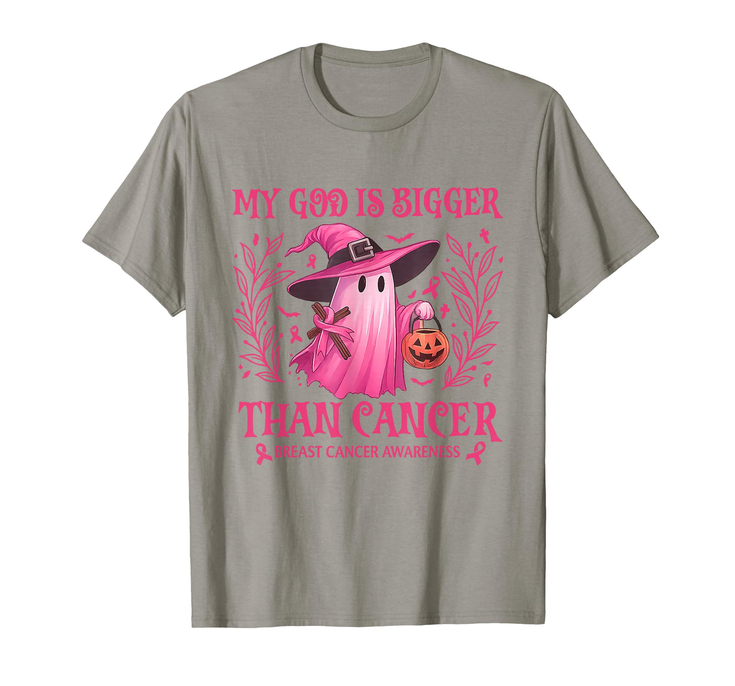 My God Is Bigger Than Breast Cancer Awareness Ghost Witch T-Shirt