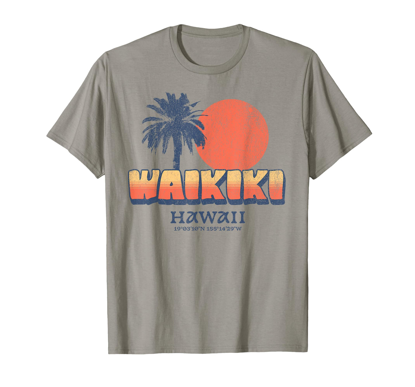 Funny Waikiki Hawaii Retro Sunset Palm Tree Hawaiian Beach T-Shirt