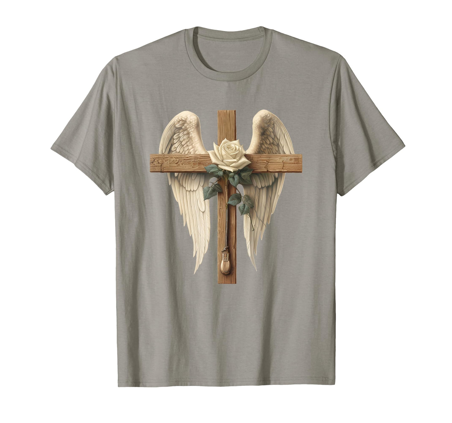 White Rose Flower Christian Cross For Women With Angel Wings T-Shirt
