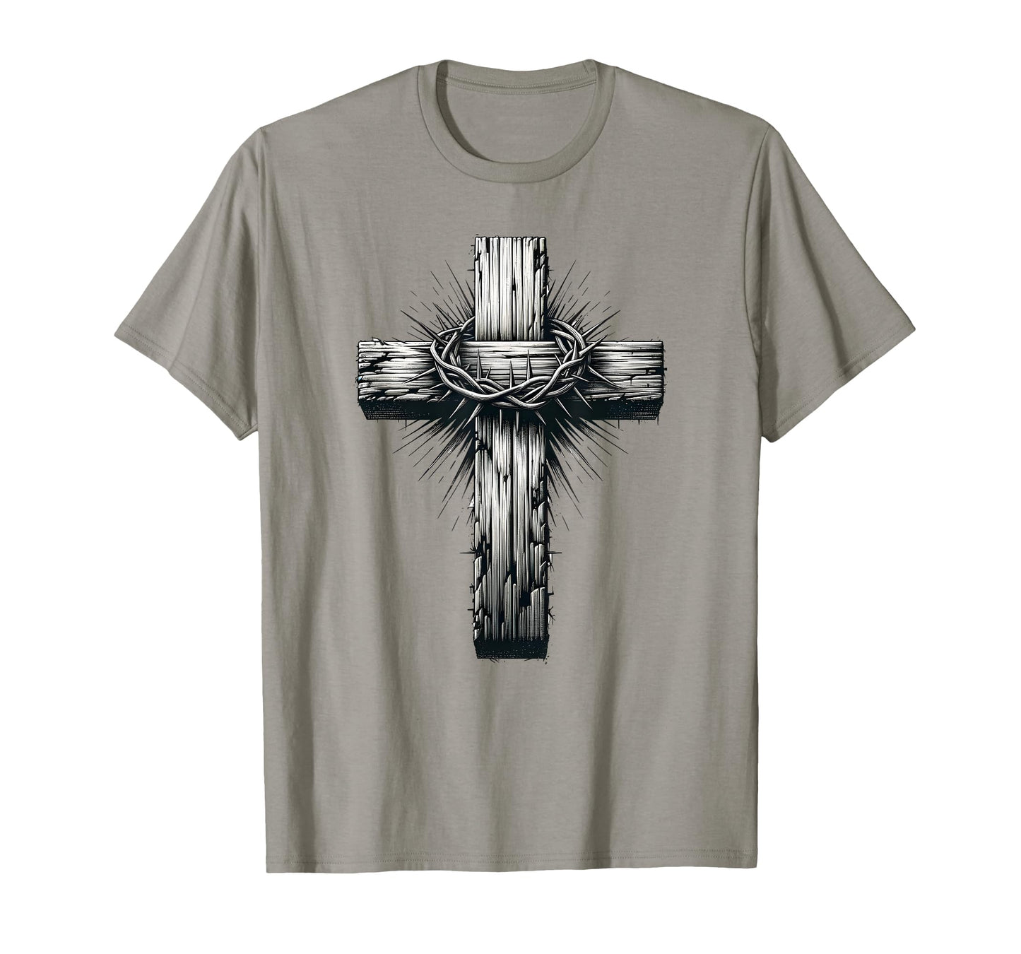 Rustic Wooden Cross Graphic Crown of Thorns Christian Faith T-Shirt