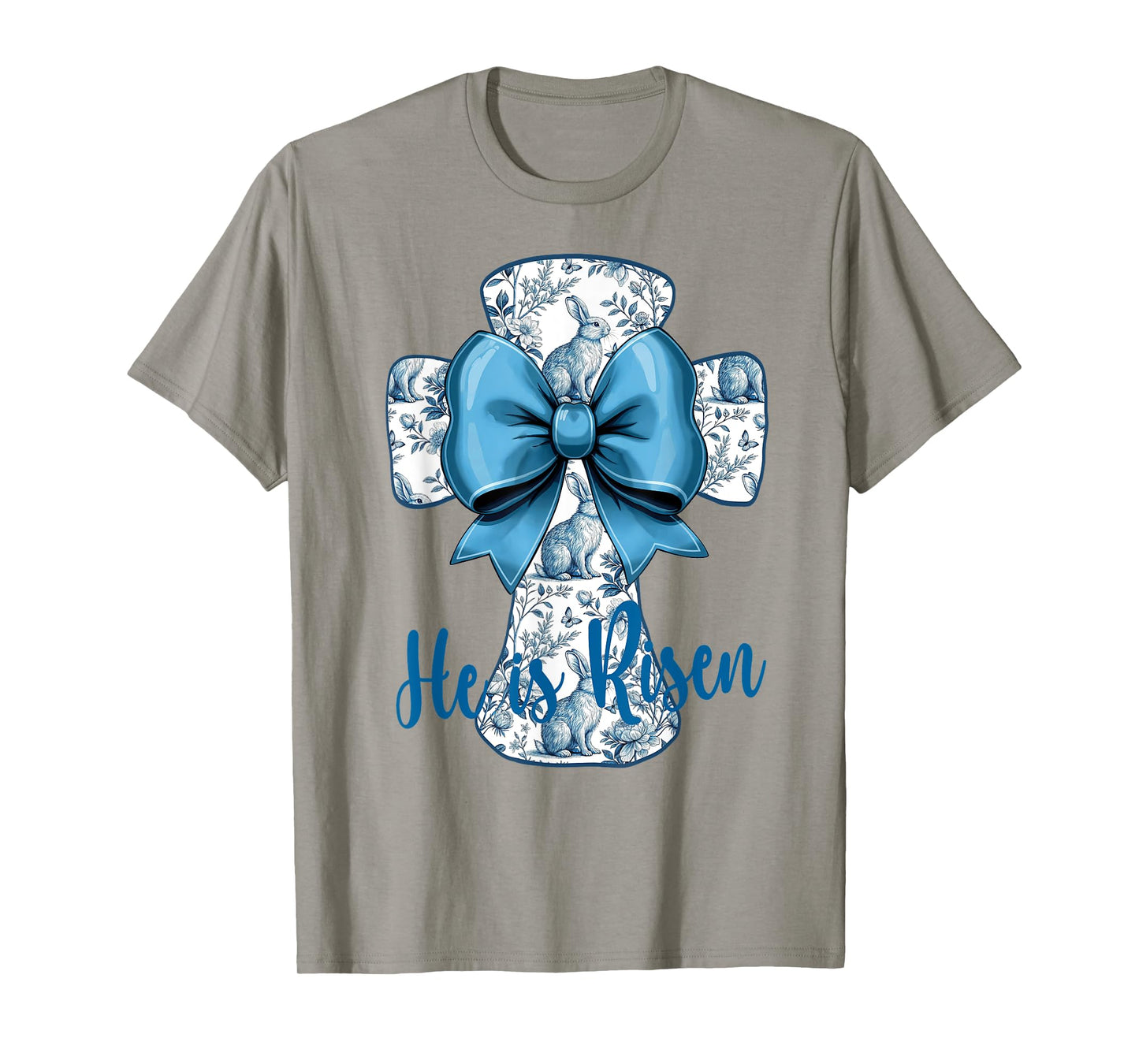 Easter Design He Is Risen Blue Toile Cross Christian Faith T-Shirt