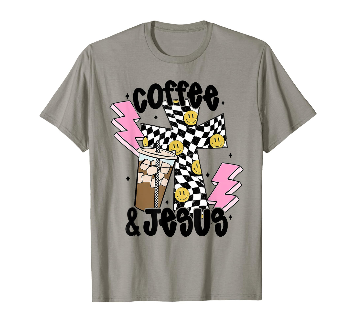 Retro Checkered Coffee and Jesus, Aesthetic Christian Women T-Shirt