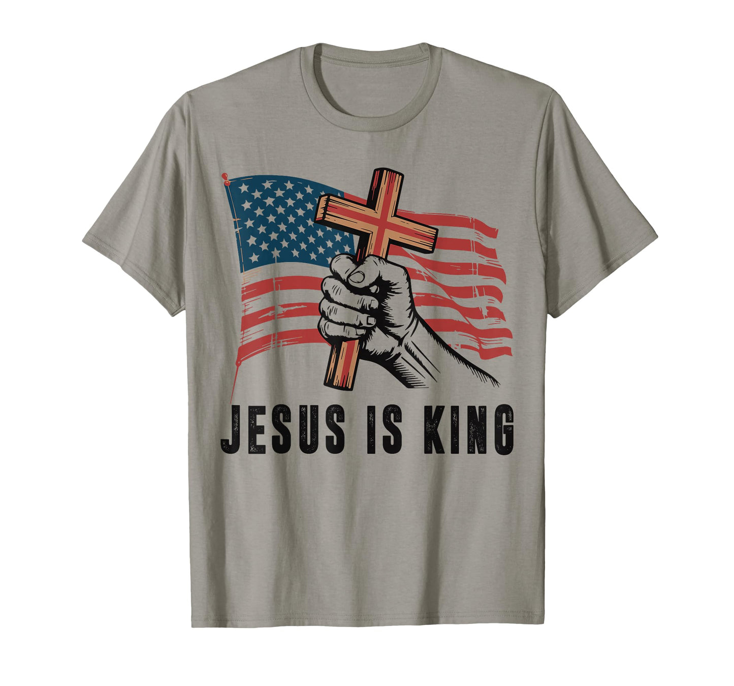 Mens Jesus is King Christian Patriotic Cross American Flag T-Shirt