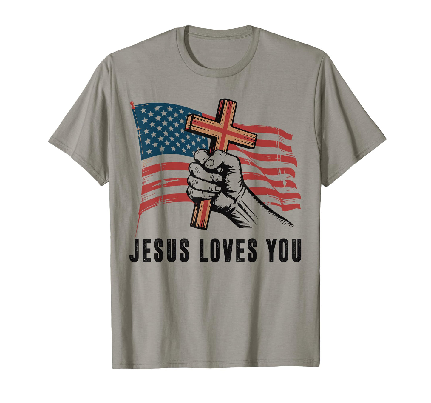 Mens Jesus Loves You American Flag Christian Patriotic Cross T-Shirt