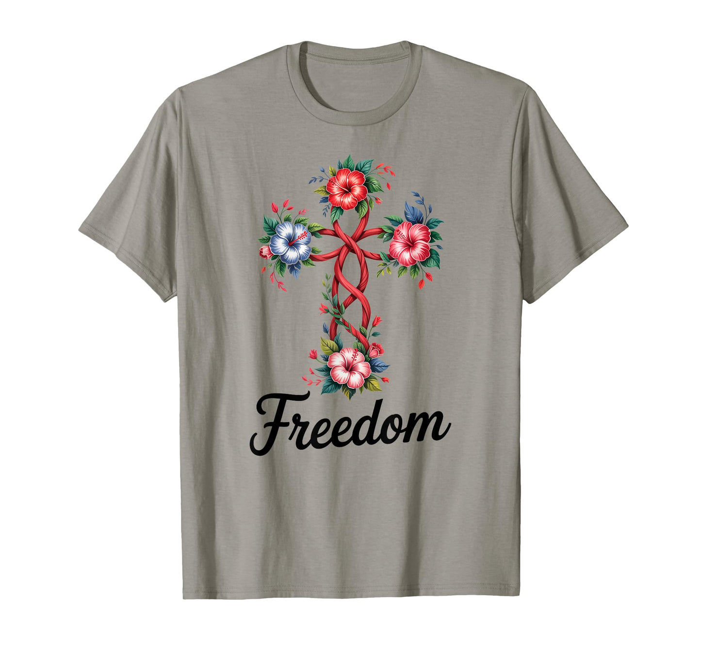 Freedom Floral Cross Design Christian Faith T-Shirt