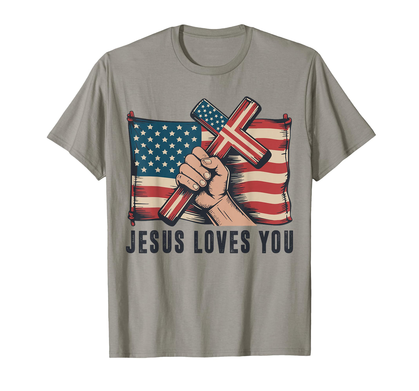 Mens Jesus Loves You Christian Patriotic Cross American Flag T-Shirt