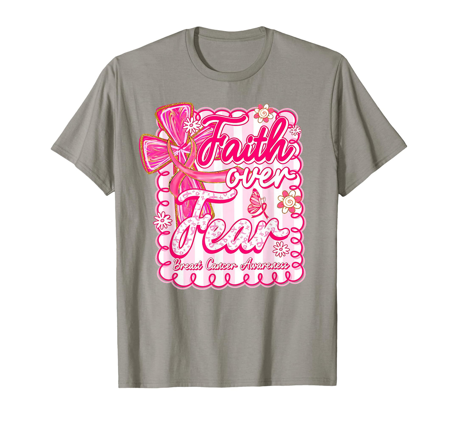 Preppy Breast Cancer Faith Over Fear Coquette Pink Ribbon T-Shirt