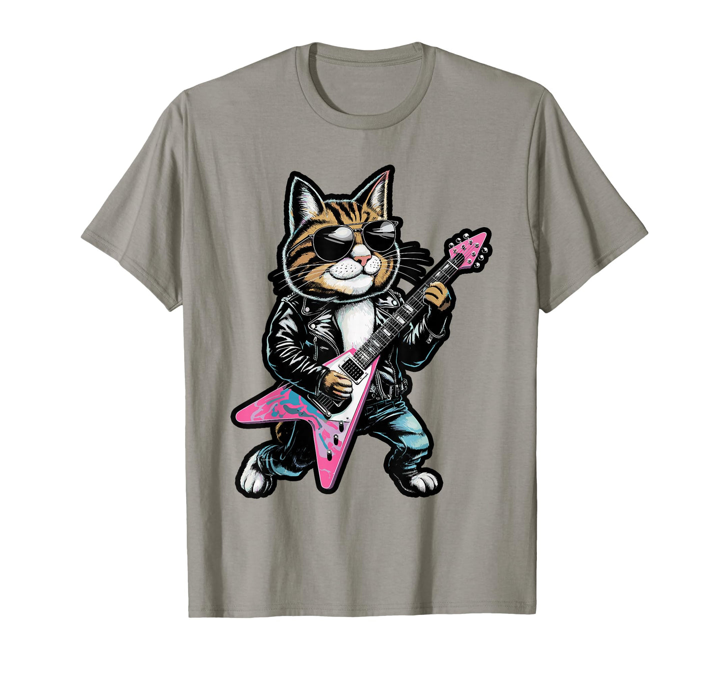 Rock Star Cat Playing Guitar Design T-Shirt