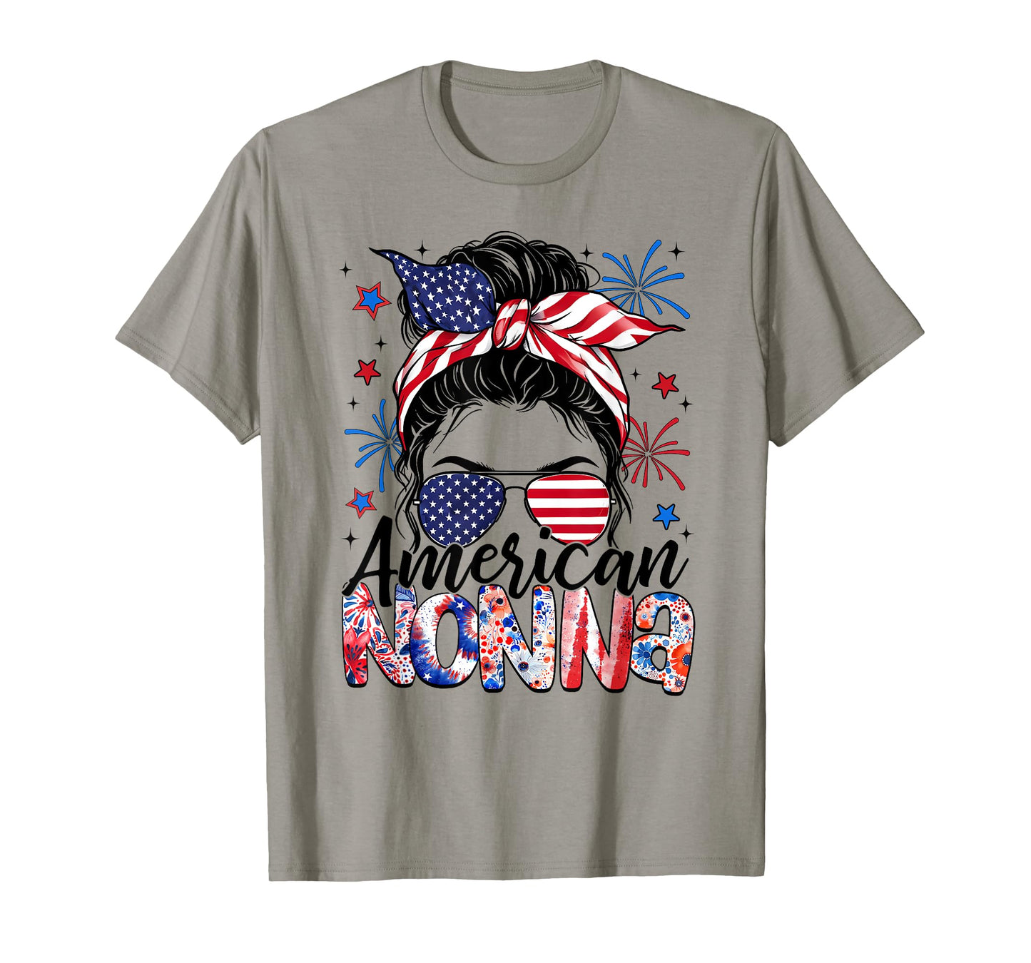 Nonna 4th Of July American Flag Patriotic Messy Bun T-Shirt