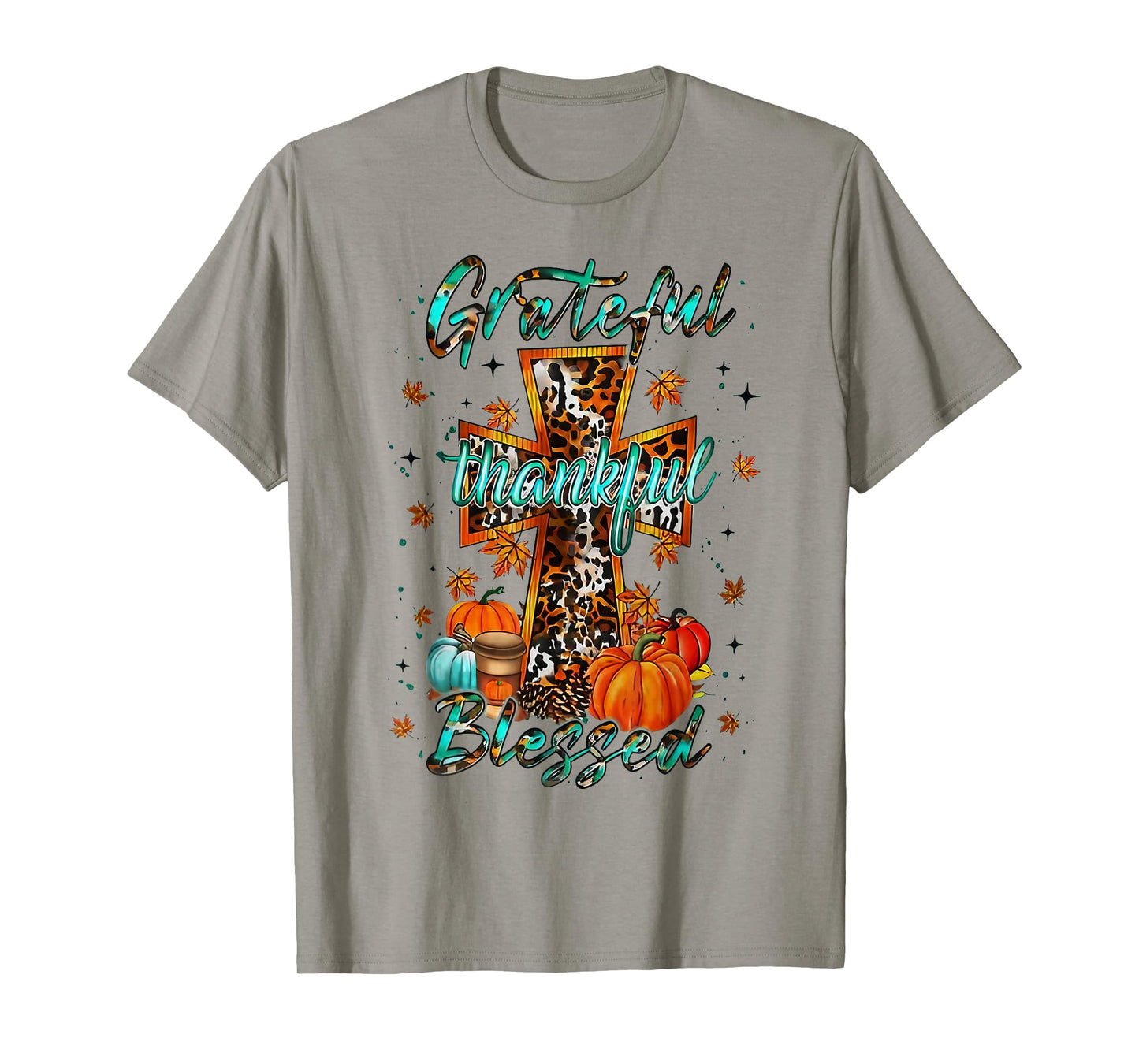 Grateful Thankful Blessed Cross Faith Pumpkin Leopard Autumn T-Shirt