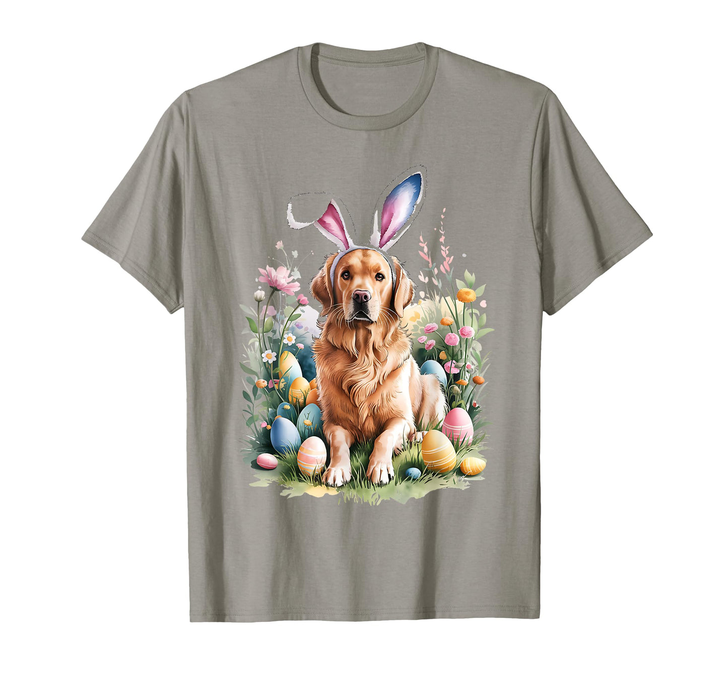 Golden Retriever Dog Bunny Ears Easter Eggs Spring Flowers T-Shirt