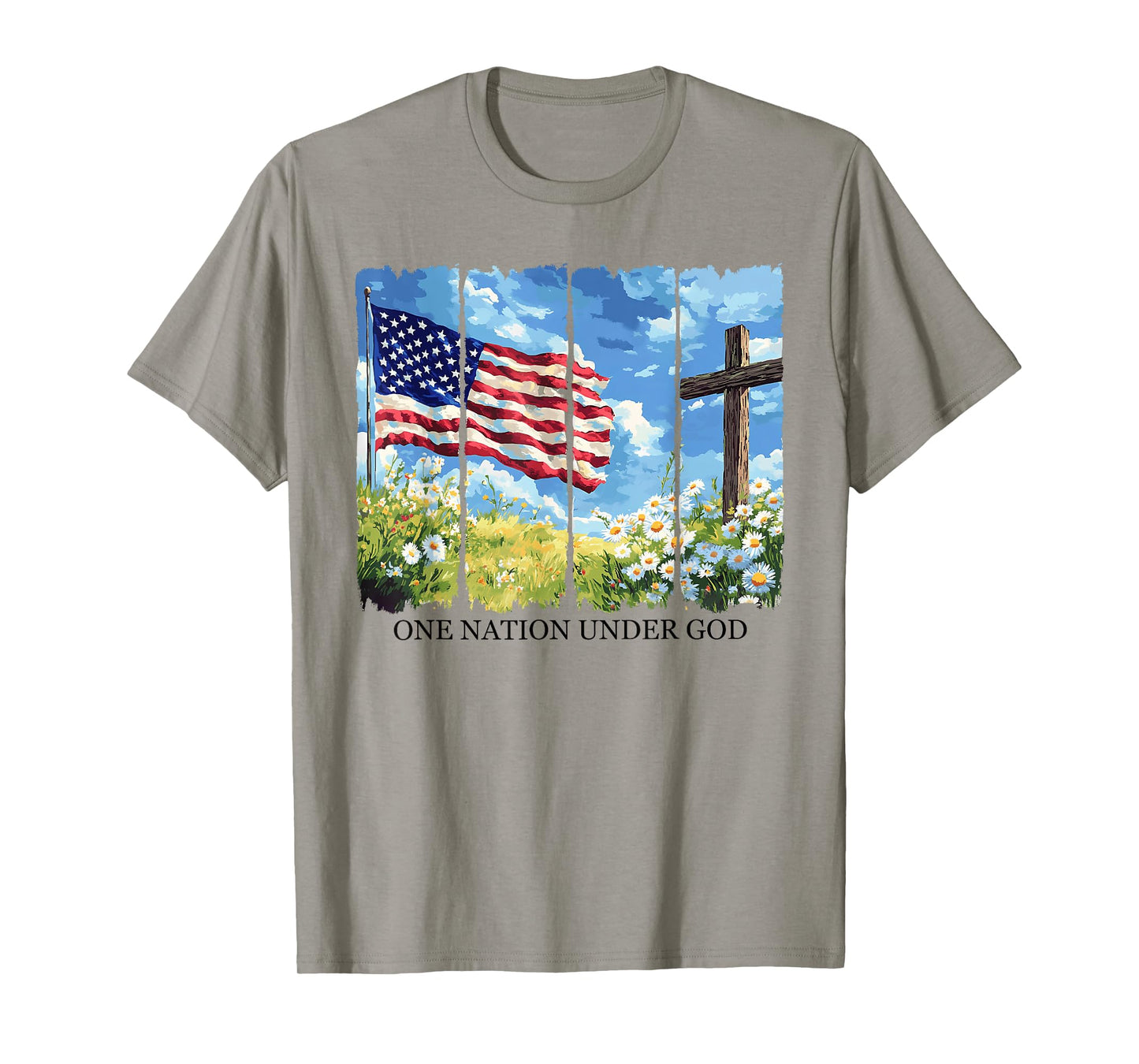 One Nation Under God USA Flag Flowers Red White Blue Cross T-Shirt