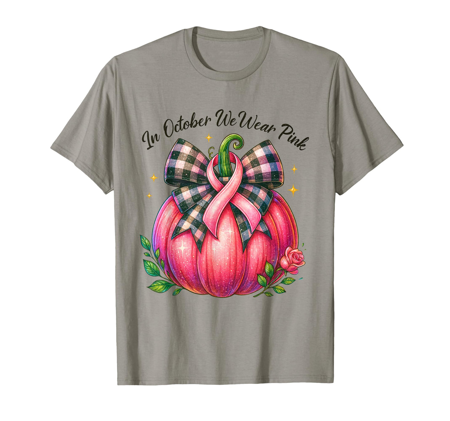 Bow Tie Pumpkin in October We Wear Pink Ribbon Breast Cancer T-Shirt
