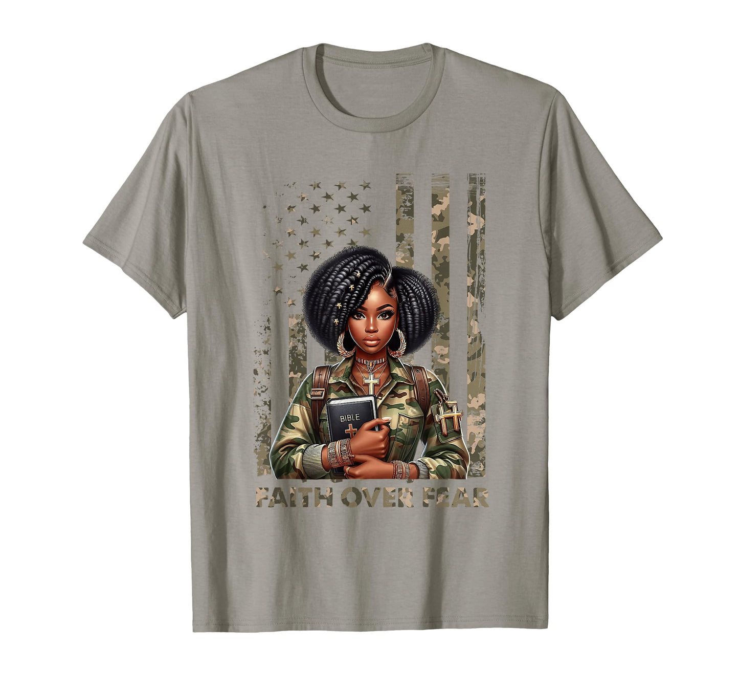 Faith Over Fear Christian Camo African American Afro Women T-Shirt