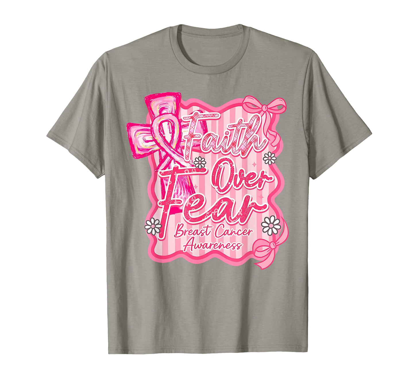 Preppy Faith Over Fear Coquette Pink Ribbon Breast Cancer T-Shirt