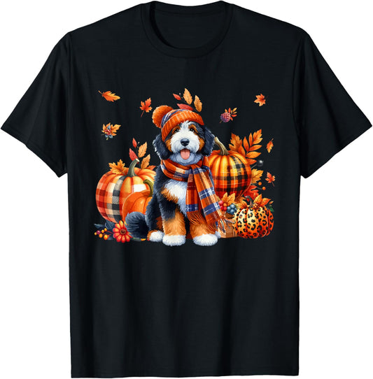 Bernedoodle Thanksgiving Leopard Pumpkins Fall Leaves Lover T-Shirt - T-Shirt | Black