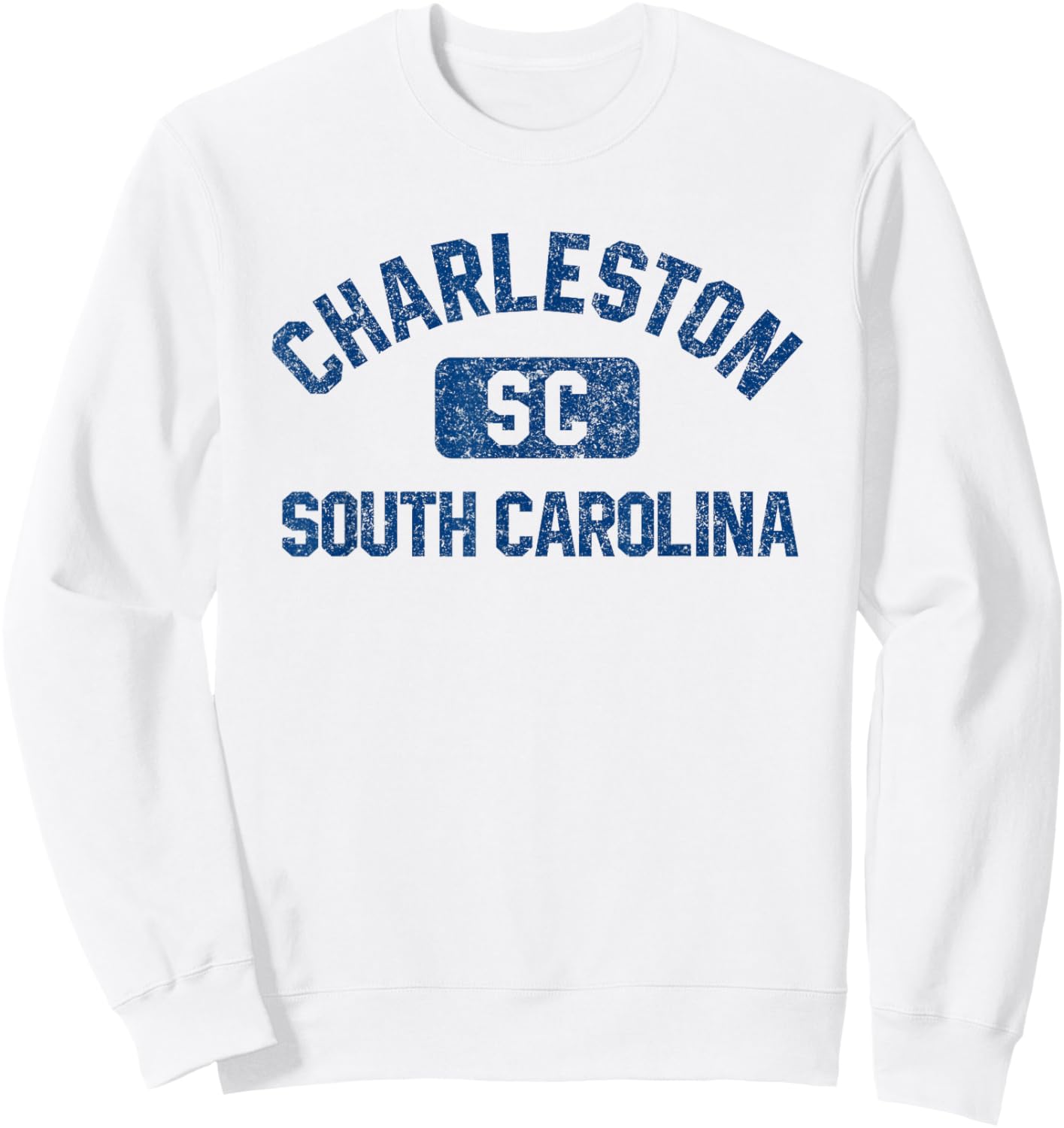 Charleston SC Gym Style Distressed Dark Blue Print Sweatshirt - Sweatshirt | White