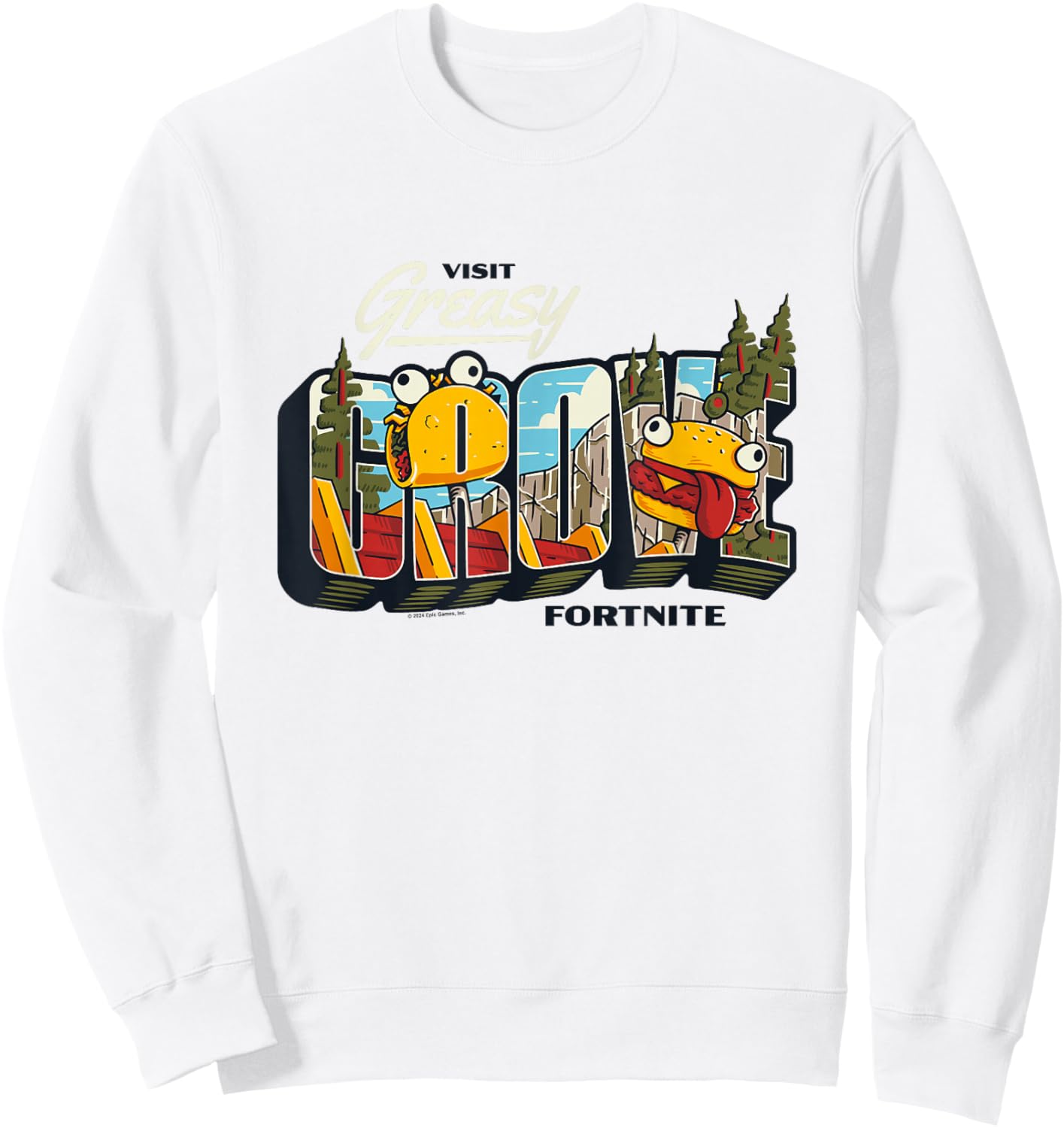 Fortnite Visit Greasy Grove Burr Burger Big Chest Poster Sweatshirt - Sweatshirt | White