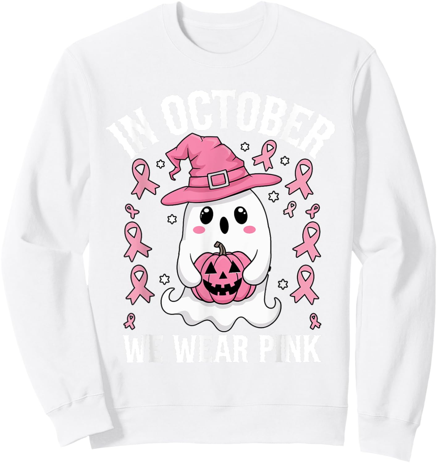 Pink October We Wear Breast Cancer Awareness Ghost Halloween Sweatshirt - Sweatshirt | White