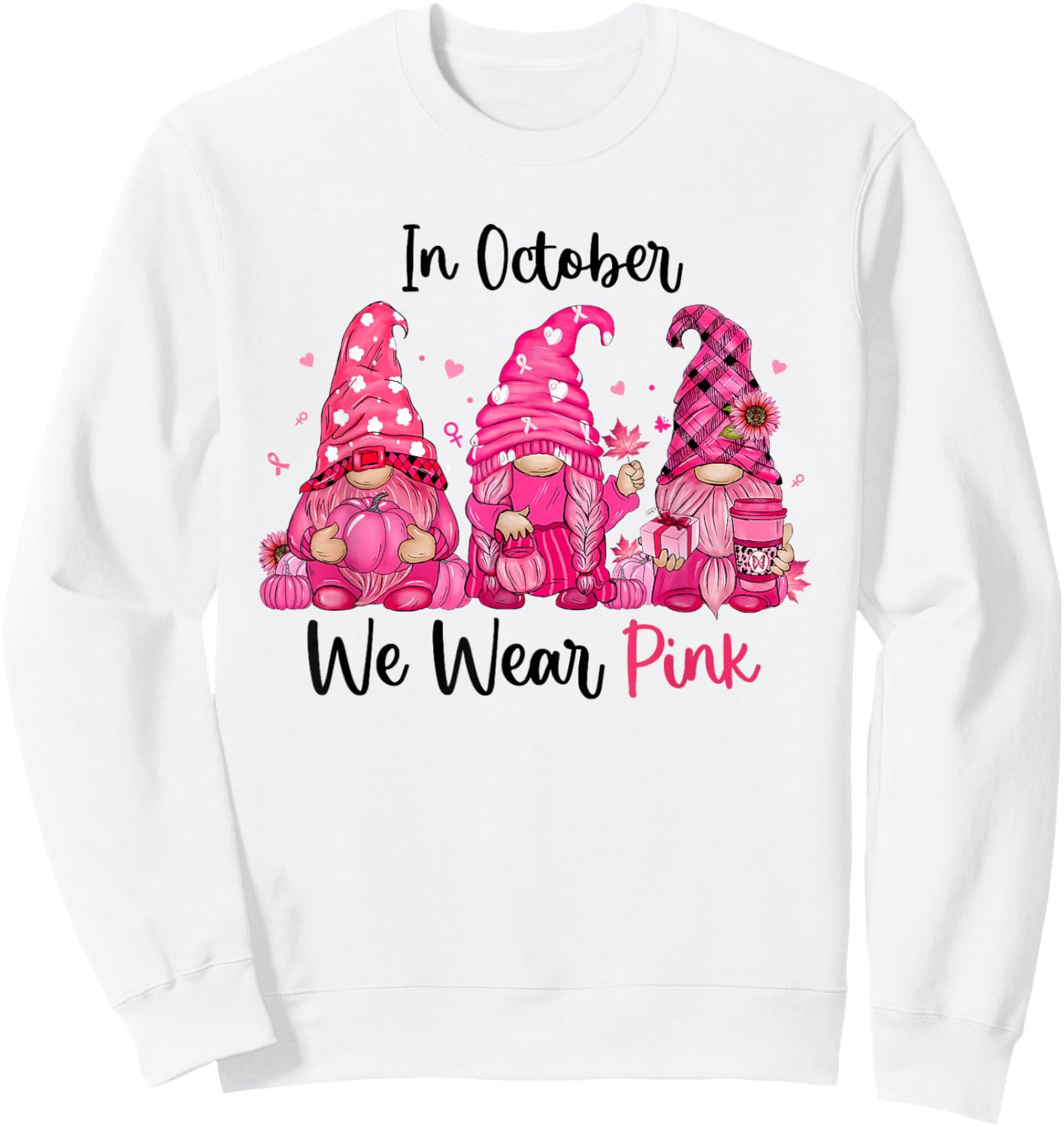 In October We Wear Pink Cute Gnomes Breast Cancer Awareness Sweatshirt - Sweatshirt | White