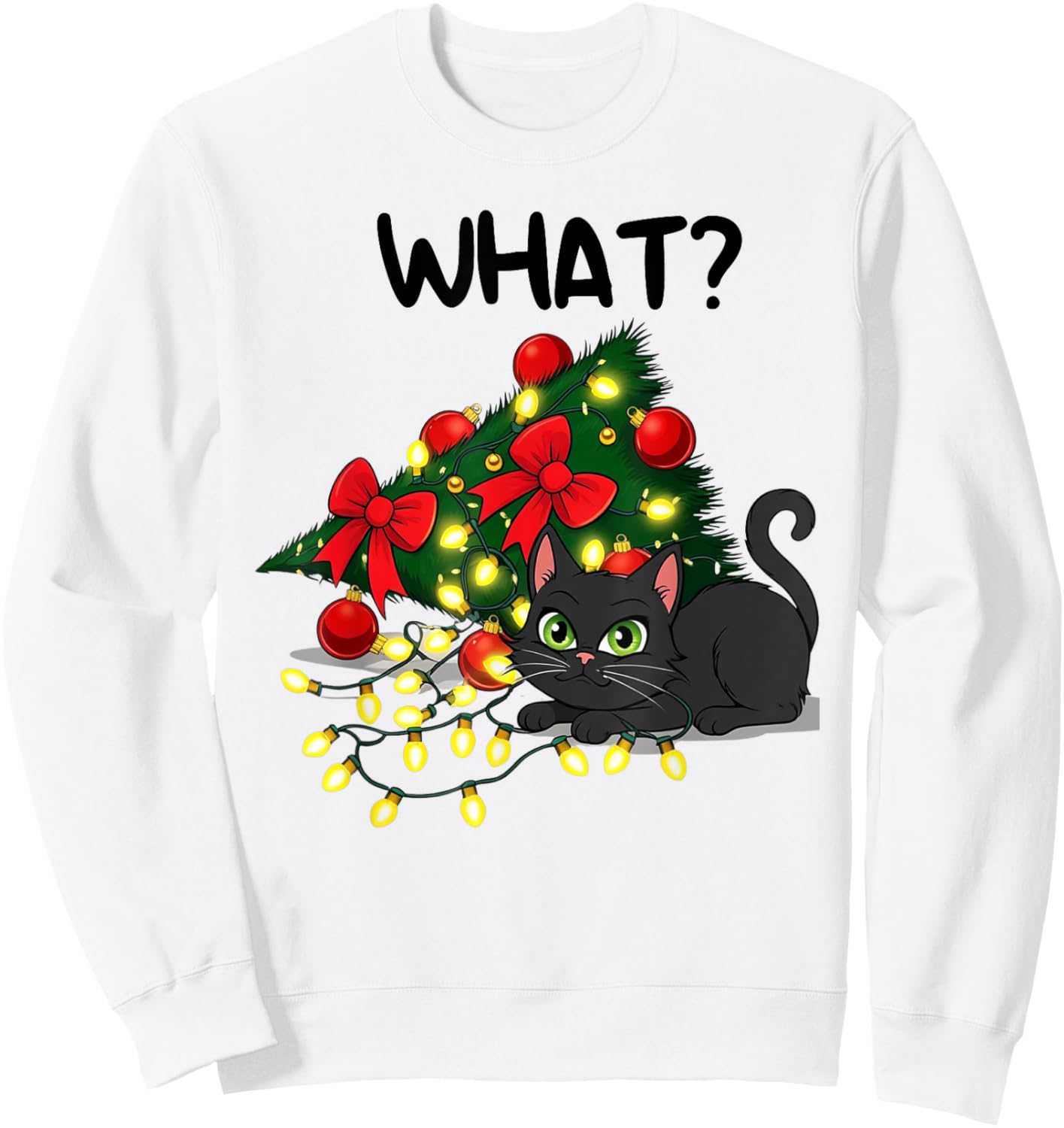 Funny Black Cat Pushing Christmas Tree Over Cat What? Xmas Sweatshirt - Sweatshirt | White