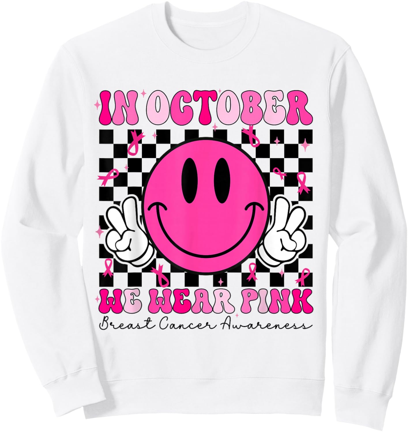 Groovy In October We Wear Pink Breast Cancer Awareness Sweatshirt - Sweatshirt | White