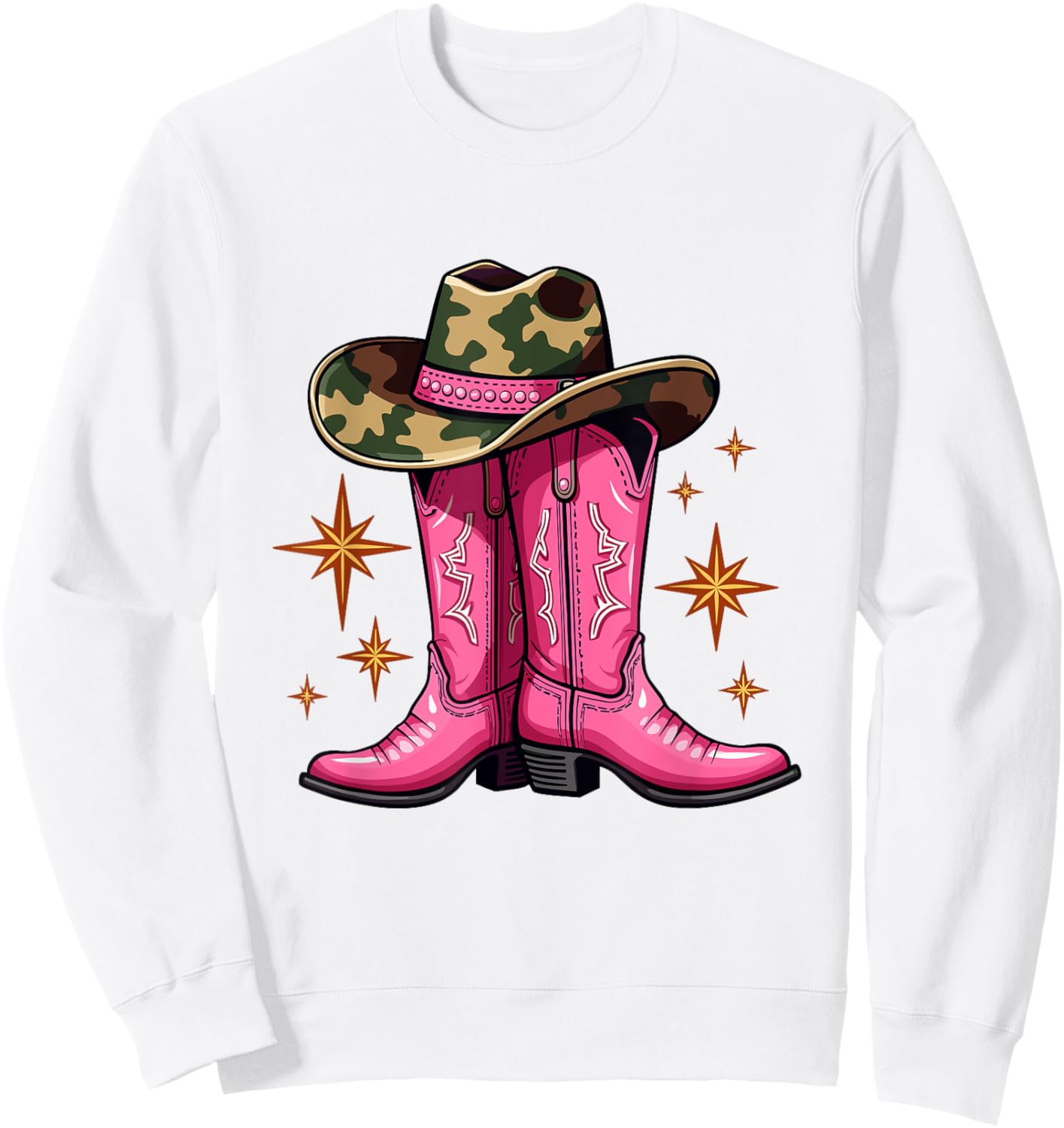 Pink Cowboy Boots & Camo Hat Country Western Sweatshirt - Sweatshirt | White