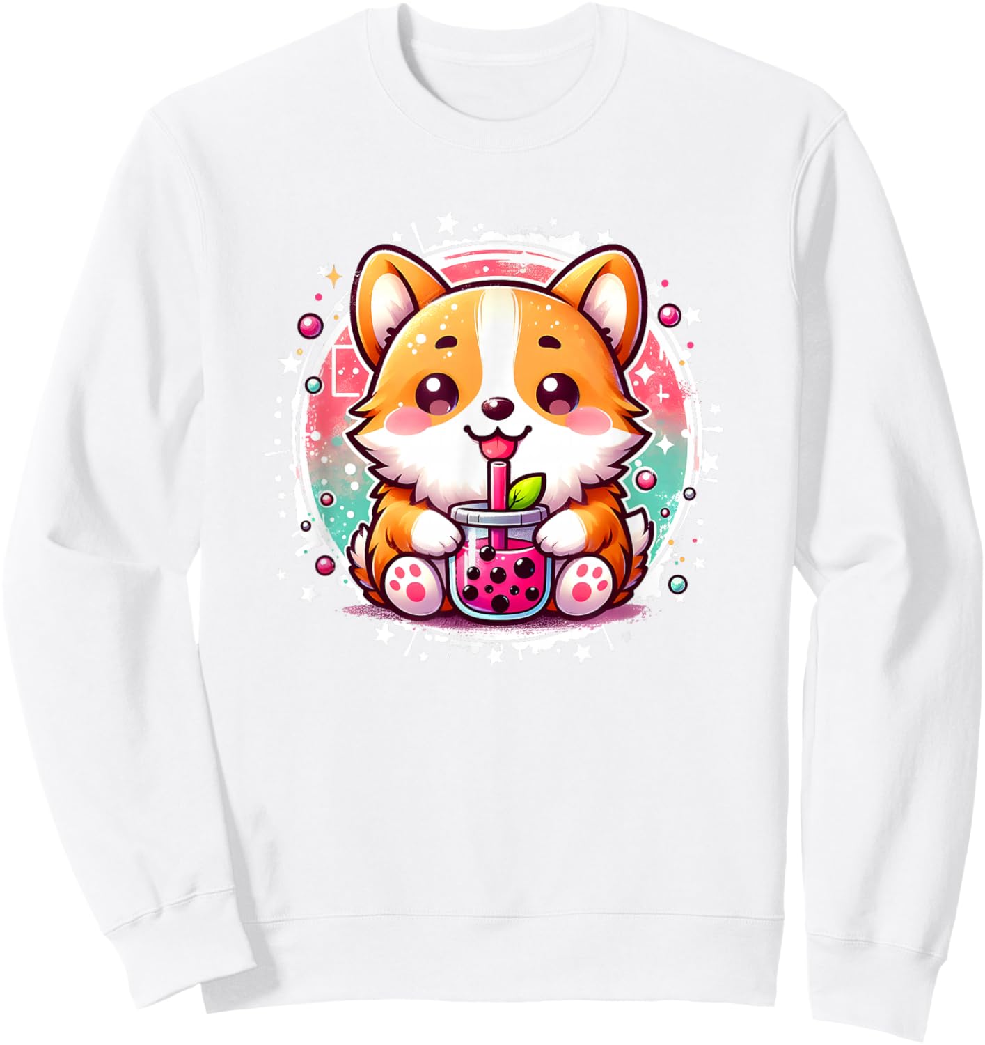 Cute Kawaii Stuff Corgi Dog Drinks Boba Bubble Tea Anime - Pink, Small, , Short Sleeve, Anime Themed Corgi Dog Sweatshirt - Sweatshirt | White