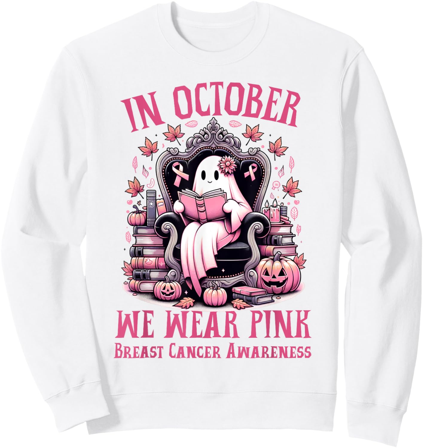 In October We Wear Pink Ghost Book Reading Breast Cancer Sweatshirt - Sweatshirt | White