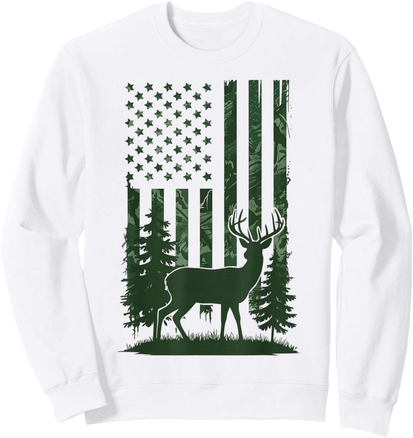 Deer Hunting Camo American Flag Nature Background USA Flag Sweatshirt - Sweatshirt | White