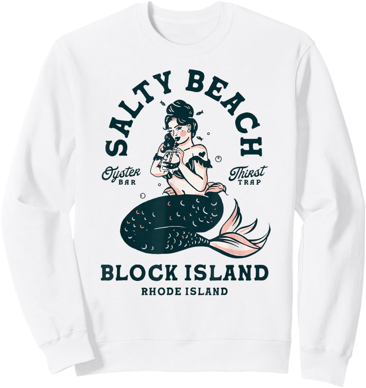 Block Island Rhode Island Oyster Bar: Pin Up Mermaid Seafood Sweatshirt - Sweatshirt | White
