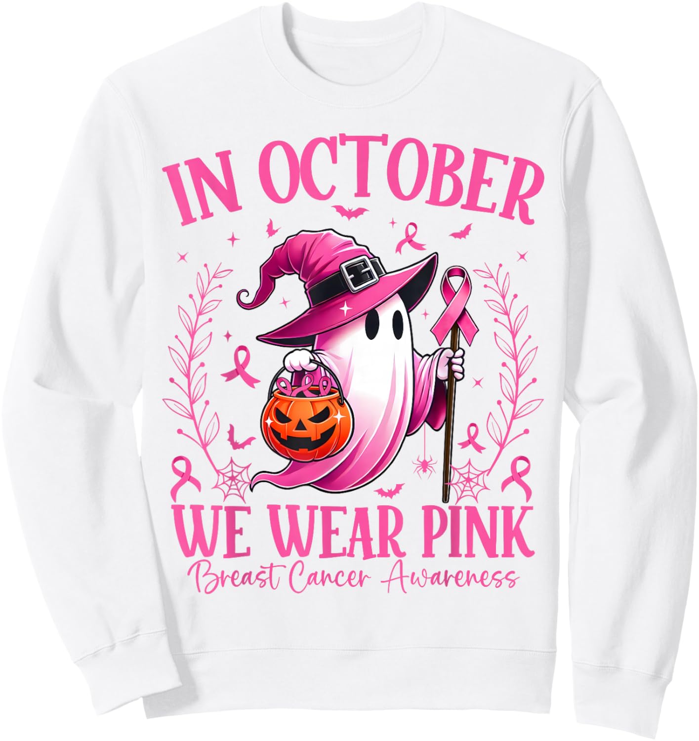 In October We Wear Pink Breast Cancer Awareness Halloween Sweatshirt - Sweatshirt | White