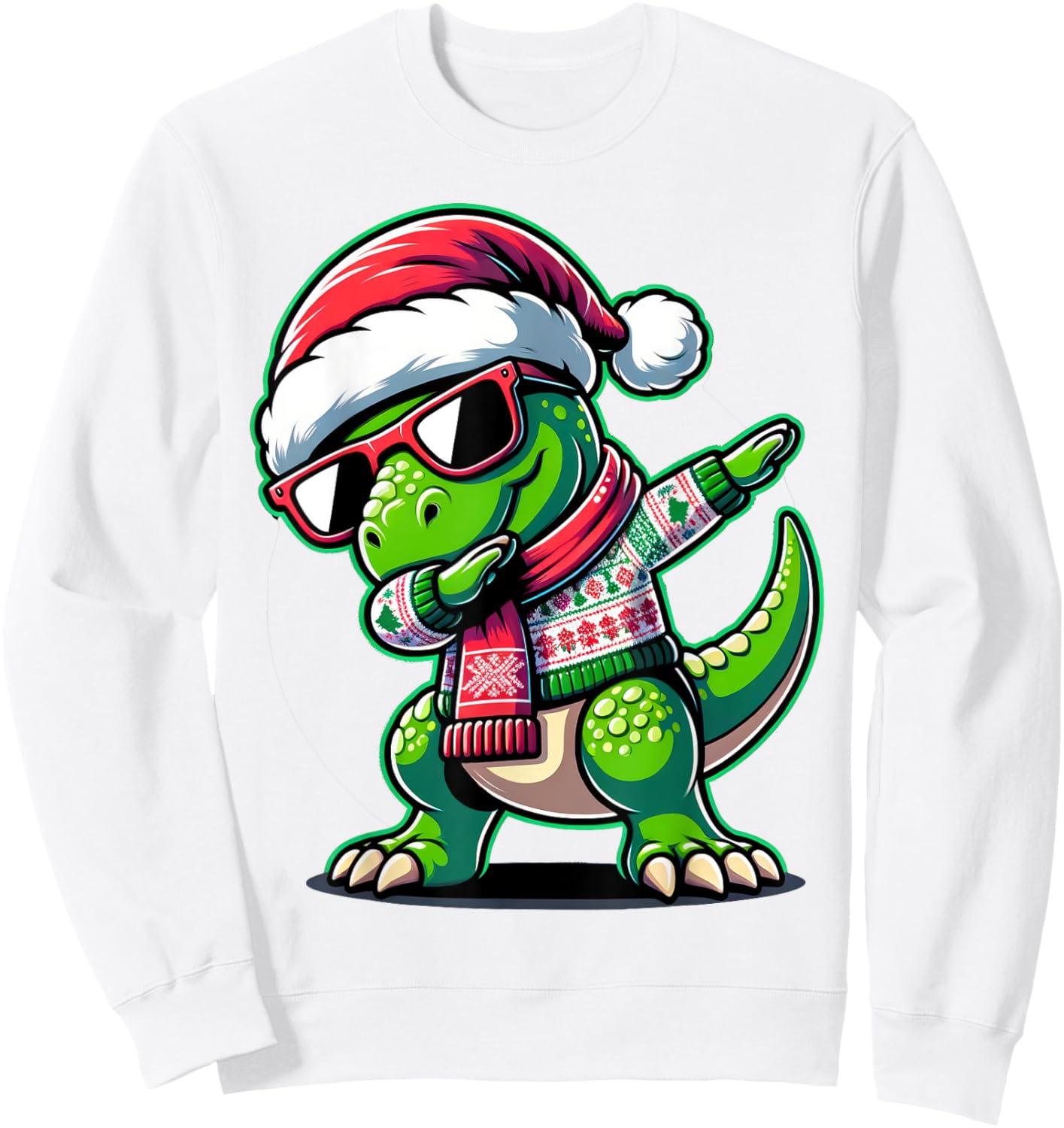 Christmas Dinosaur Boys Dabbing T Rex Santa Xmas Funny Sweatshirt - Sweatshirt | White