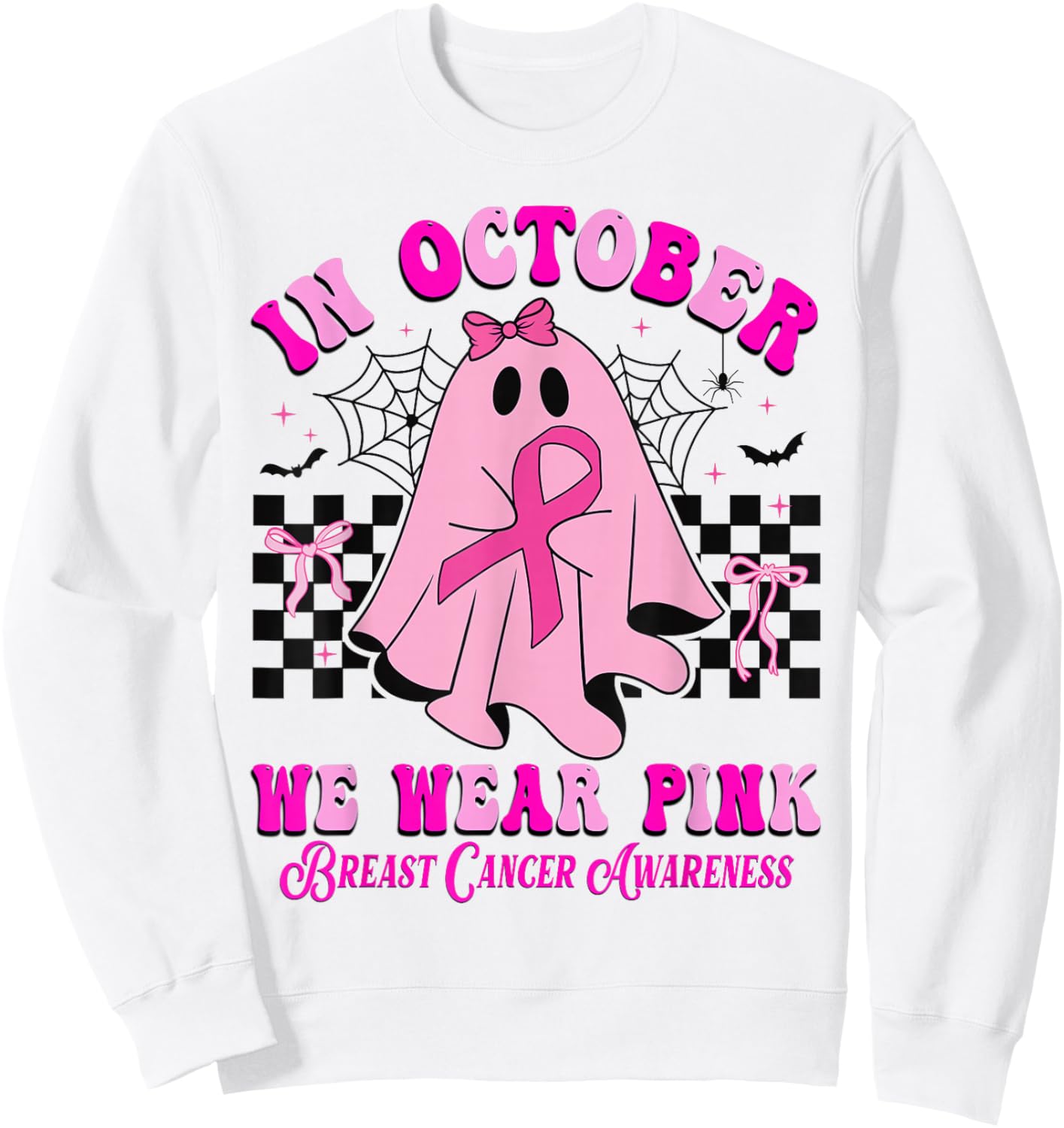 In October We Wear Pink Ghost Halloween Breast Cancer Ribbon Sweatshirt - Sweatshirt | White