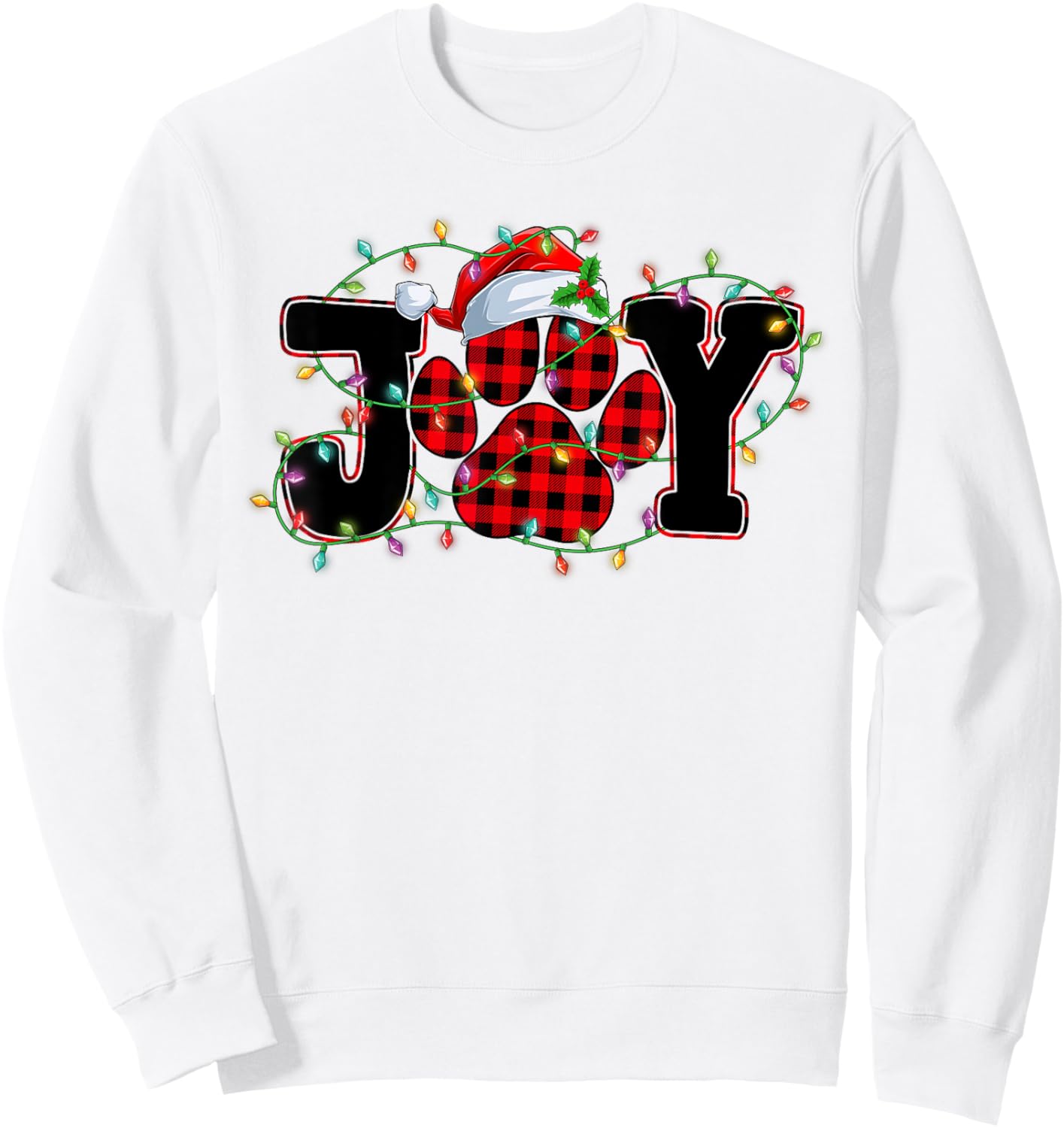 Funny Joy Dog Cat Paws Print Red Plaid Santa Hat Christmas Men Women Kids Sweatshirt - Sweatshirt | White