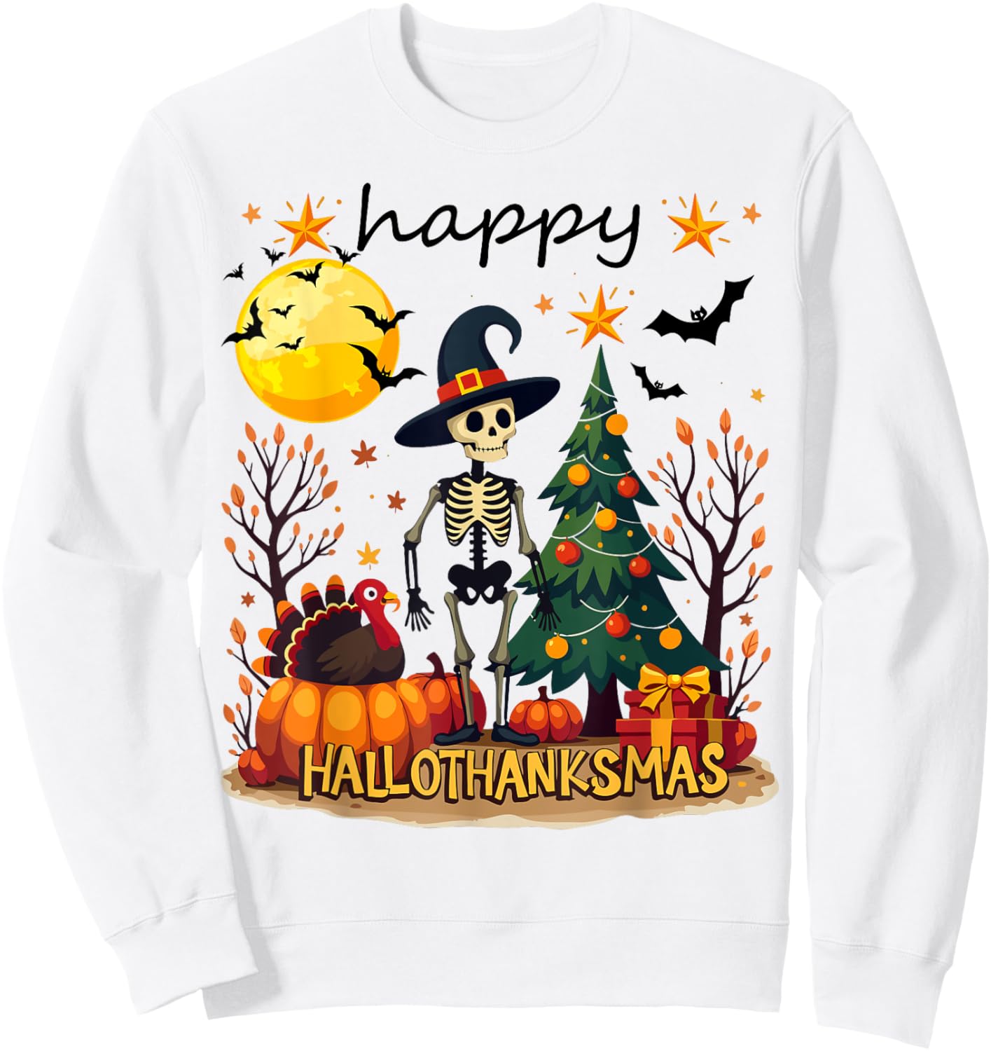 Happy Hallothanksmas Funny Halloween Christmas Sweatshirt - Sweatshirt | White