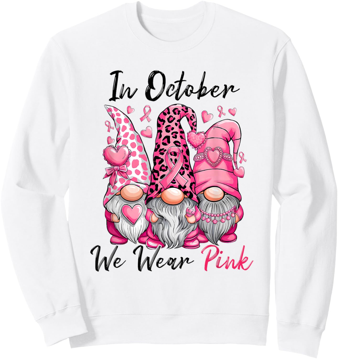 In October We Wear Pink Cute Gnomes Breast Cancer Awareness Sweatshirt - Sweatshirt | White