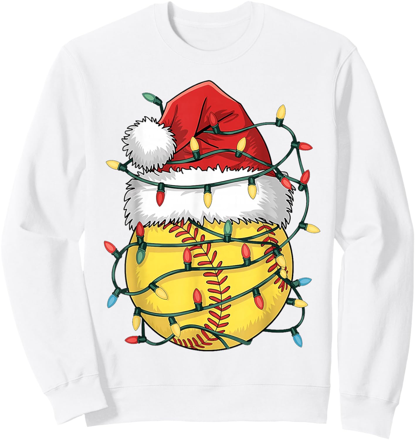Funny Christmas Softball Santa Hat Girls Xmas Lights Sweatshirt - Sweatshirt | White