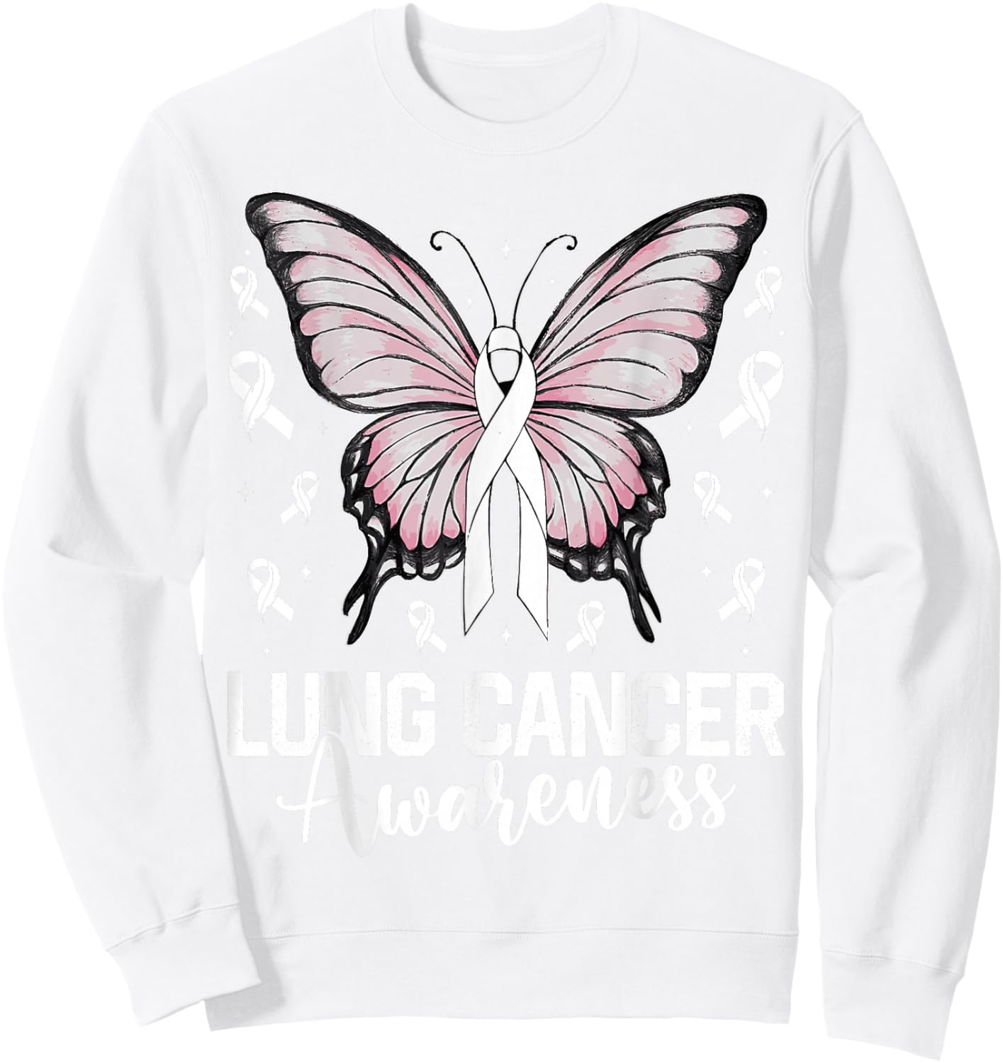 Lung Cancer Awareness Butterfly Ribbon Cancer Support Sweatshirt - Sweatshirt | White