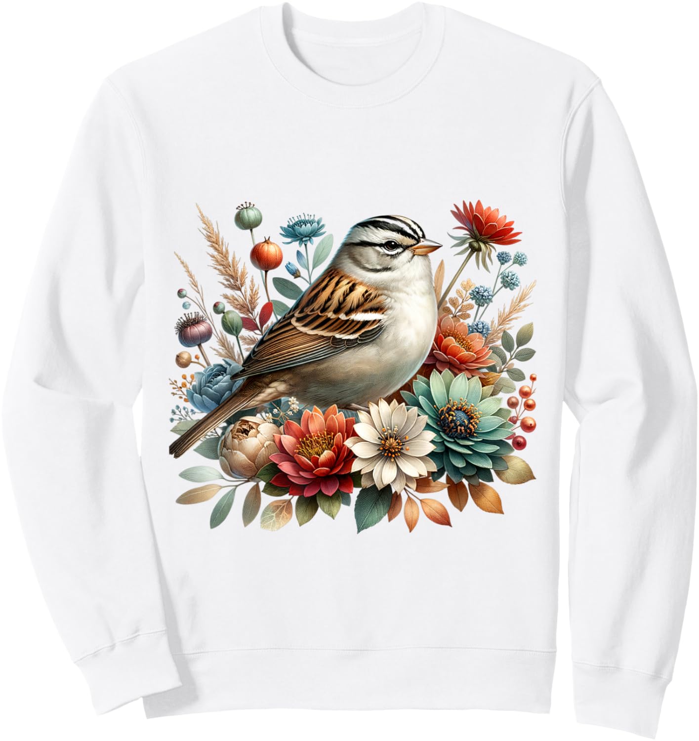 White-crowned Sparrow Vintage Floral Autumn Bird Sweatshirt - Sweatshirt | White