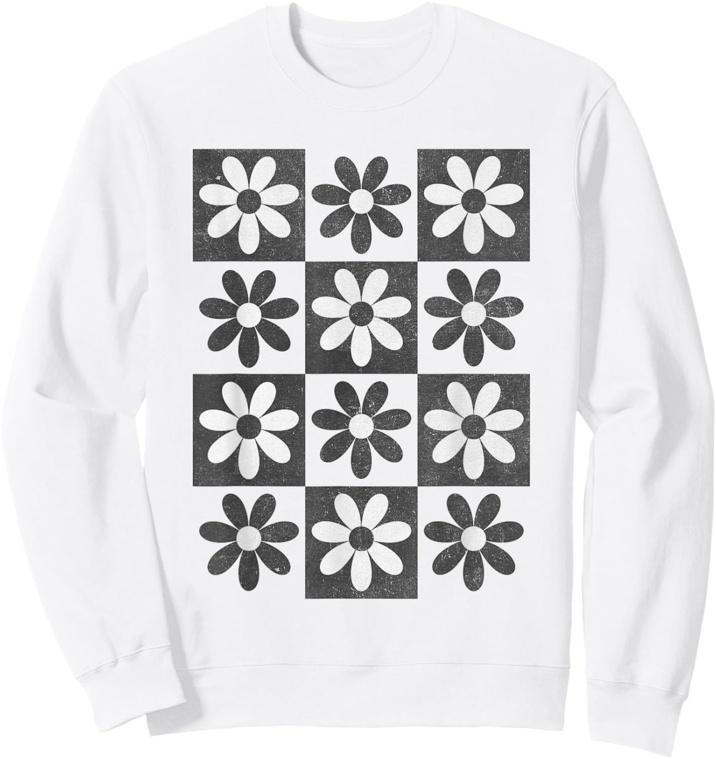 Retro Checkerboard Checkered Boho Flowers Floral Sweatshirt - Sweatshirt | White