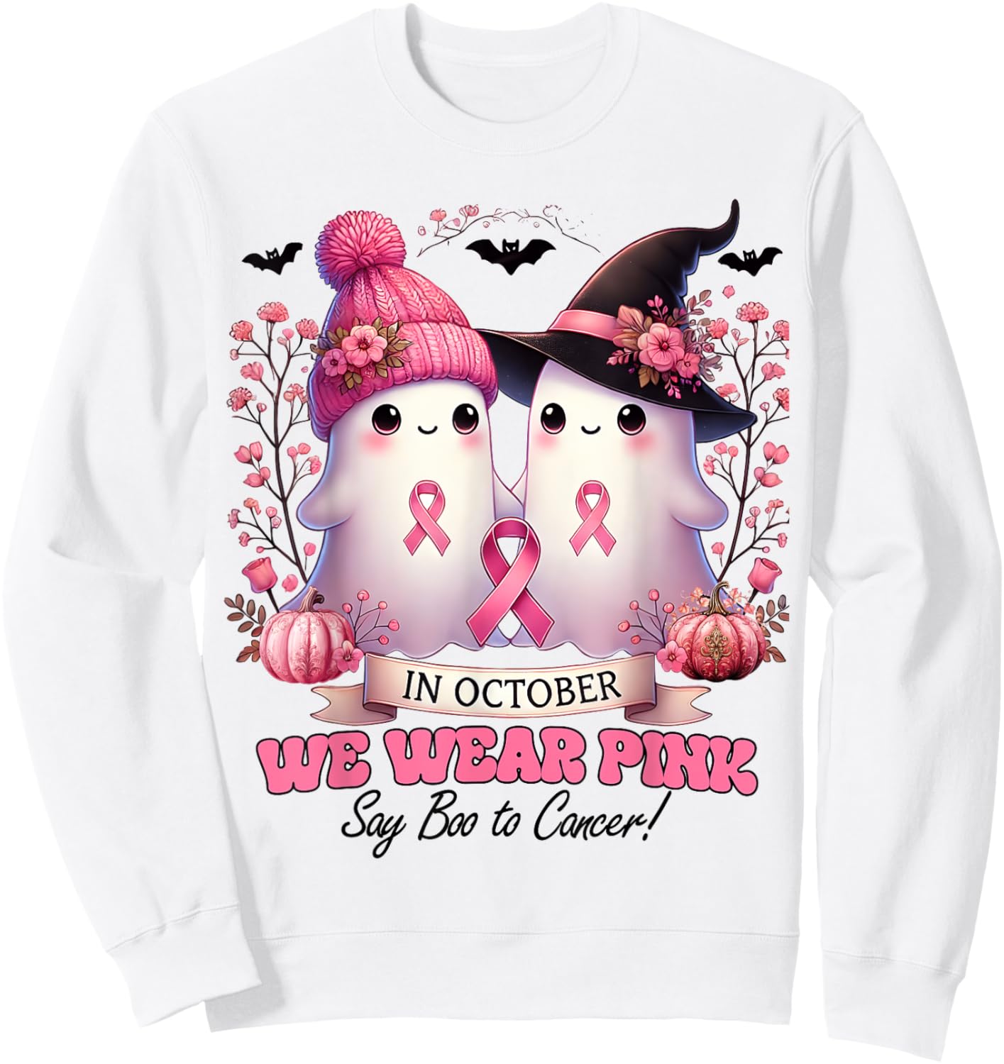 In October We Wear Pink Witch Ghost Pumpkin Breast Cancer Sweatshirt - Sweatshirt | White